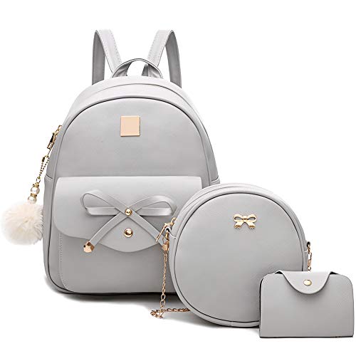 Image of I IHAYNER Girls Bowknot 3-Pieces Fahsion Leather Backpack Backpack Purse for Women Rucksack for Ladies Shoulder Bag