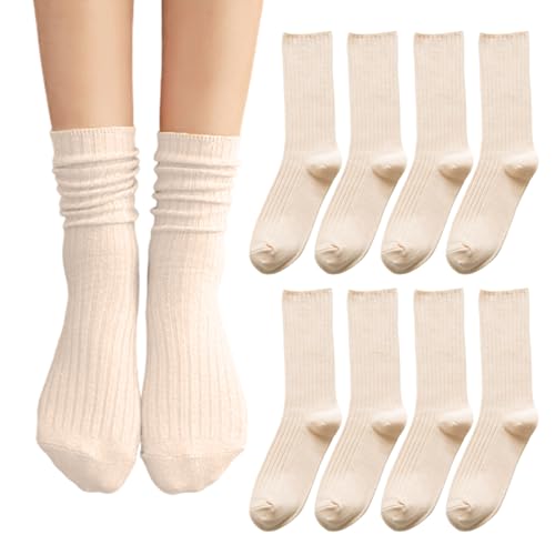 XNIVUIS 4 Paar Damensocken, Socken für Damen, beige Baumwolle, atmungsaktiv, feuchtigkeitsableitend, gestrickte, ästhetische Crew-Socken, geeignet für Sport, Freizeit und Partys (Baumwolle, Beige)