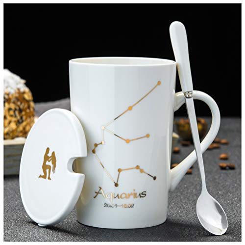 KJOET マグカップ ふた付きのコップ 湯飲み 茶器 3点セット おしゃれ 12星座 保温 家庭 仕事 オフィス用 お茶 コーヒー ティー 贈り物 食洗機 電子レンジ対応 420ml 水瓶座 ホワイト