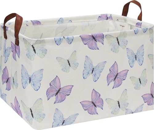 HKEC Rectangle Storage Basket with Handles, Collapsible Toys Bin, Books Box,Gift Basket(Blue & Purple Butterfly)