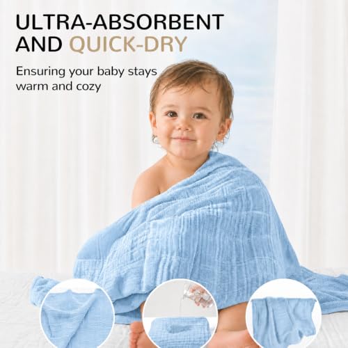 Image of Momsnug 3-Pack Muslin Hooded Baby Towels, Green + Grey + Blue, 35 inch X 35 inch | 100% Cotton, Ultra-Soft & Highly Absorbent ,Quick-Dry for Delicate Skin, For Babies, Toddler and Newborn