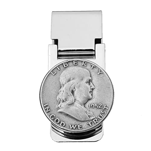 US 1952 Franklin Half Dollar 90% Silver Coin Hinged Money Clip NEW - Silver Plated Coin Bezel