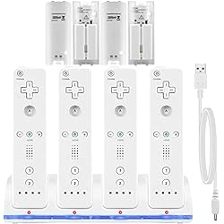 Cargador Baterias Wii Cargador para Mando a Distancia de Wii, Base de Carga Wii con 4 Baterias Recargables de 2800mAh, Estación de Carga para Mandos Wii Remoto, USB, Blanco