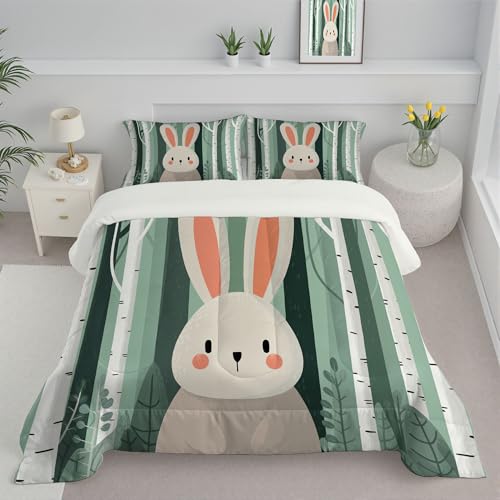 Juego De Funda De Edredón King (260X230Cm), Estilo Ilustración Minimalista Suave Ropa De Cama Reversible Y Ropa De Cama De Polialgodón, Funda De Edredón De Bosque Abedules Patrón Conejo, Verde