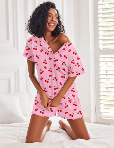 Image of Ekouaer Pajamas Set for Women Short Sleeve Lounge Set 2 Piece Loungewear PJs Soft Cute Lightweight Sleepwear