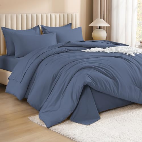 Image of Litanika Full Size Comforter Sets Bluish Grey - 7 Pieces Bed in a Bag Full Bedding Comforter Sets, Solid Lightweight Bed Set with Comforter, Sheets, Pillowcases & Shams