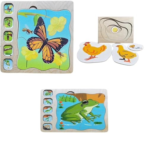 Image of Butterfly Life Cycle Layering Puzzle,Hen Life Cycle Layering Puzzle,Frog Life Cycle Layering Puzzle, Educational Puzzle and Toys for Kids Pack of 3