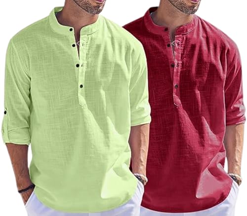 Image of Men's Cotton Blend Straight Kurta Shirt Combo with Mandarin Collar - Slim Fit Casual Short Kurti Set Featuring Textured Slub Fabric and Roll-Up Full Sleeves