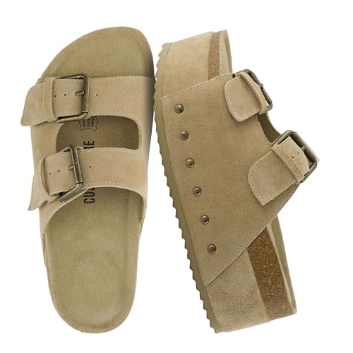 Image of CUSHIONAIRE Guru Platform Sandals Women Footwear - Comfortable Genuine Leather Footbed Studded Chunky Slide Summer Sandals for Women