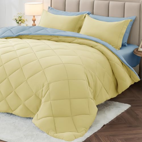 MUXHOMO Twin Comforter Set 5 Pieces, Light Yellow/Light Blue