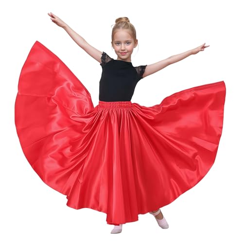 Baisdan Jupe de Danse Orientale pour Fille, Jupe Longue en Satin Brillant pour Danse du Ventre, Flamenco et Spectacles Rouge 5-7 Ans