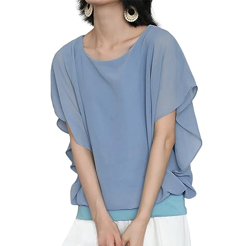 [MEME XTRA] メメエクストラ ブラウス レディース 半袖 シャツ カットソー オフィス 夏 春 シフォン フリル フレア トップス tシャツ 夏服 裏地付 ドルマン おしゃれ 大きいサイズ ゆったり 無地 かわいい キレイめ ジョーゼット 上品 ブルー L