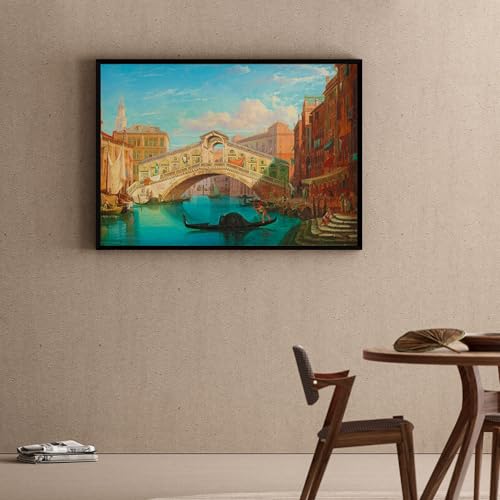 Image of ARTCREST Venice View of the Rialto Bridge Canvas Wall Painting | Large Black Framed Landscape Wall Art for Living Room, Office Walls & Hallway Interiors | Decorative Canvas Wall Decor (16x20 Inches)