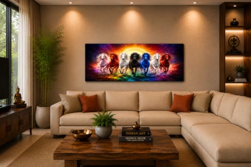 Image of 7 Horse Vastu Sunrise Canvas Painting | Positive Energy Wall Decor | Big Size Premium Running Horses Artwork for Home, Office & Hall Decoration (Modern, Galaxy Horse, 44x20 Inch)