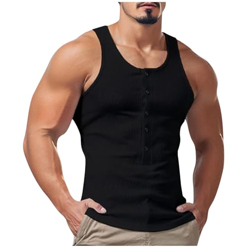 Cambkatl Men's Button Up Henley Tank Top Sleeveless Ribbed Knit Summer Slim Fitted Muscle Tee Shirt