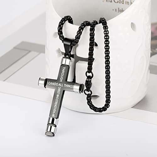 ZRAY Philippians 4:13 Cross Necklace for Men Strength Bible Verse I CAN DO ALL THINGS Pendant Stainless Steel Chain Meaningful Jewelry Gift for Boy3