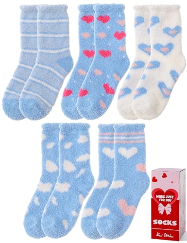 Image of Womens Fuzzy Socks Warm Fluffy Cozy Winter Slipper Thick Fleece Heart Socks 5 Pairs