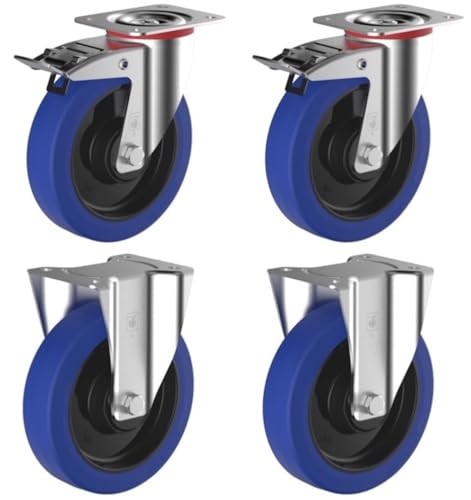 Lot de 4 roulettes pivotantes à frein et fixe caoutchouc EASYROLL® BLEU 100 mm charge - 540 Kg