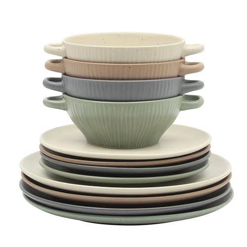 Image of Gibson Elite Clover Hill 12-Piece Stoneware Dinnerware Set - Assorted Colors in Sage Green, Charcoal, Taupe & Cream - Embossed Reactive Glaze Plates & Bowls, Microwave & Dishwasher Safe, Service for 4