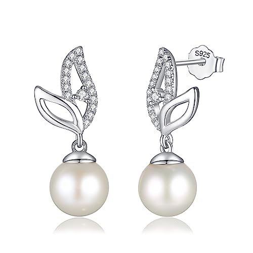FANCIME Pearl Earrings 925 Sterling Silver Leaf Pearl Stud Earrings Dangle Earrings with Genuine Quality 8.5-9mm Freshwater Cultured Pearls Fine Pearl Jewelry for Women