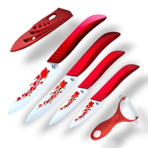 S-HubOla Keramik Messer Set 5-tlg. – Premium Kochmesser, Profi Küchenmesser, Allzweckmesser, Ultra Scharf, Ergonomischer Griff,Sakura Design, Ideal für Profis und Hobbyköche