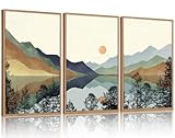 CHDITB Mountain Sun Forest Framed Art Prints(Set of 3, 16”x24”), Boho Watercolor Nature Landscape Canvas Artwork Painting, Abstract Foggy National Park Scenery Poster Decor for Living Room Bedroom