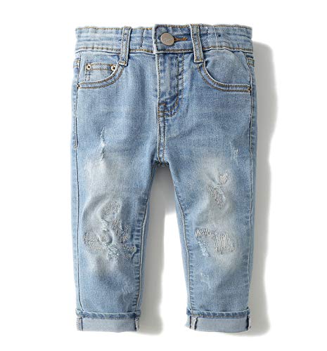 KIDSCOOL SPACE Baby Girl Boy Jean,D Ring Elastic Band Inside Ripped Denim Pants,Light Blue,3-4 Years