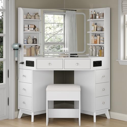 Yanosaku Corner Vanity Desk with 8 Drawers & 6 Shelves, Speaker, Modern Vanity with Mirror and Lights, Makeup Vanity with Glass Top, 3 Color Lighting Modes, Dressing Table for Bedroom, White