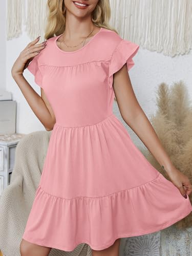 Image of PerZeal Women's Summer Casual Tiered Midi Dress Ruffle Short Sleeve A-Line Flare Swing Dress Solid Cute Beach Sundress