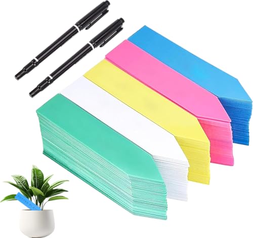 500 etiquetas de plástico para plantas de 10 x 2 cm, etiquetas coloridas para plantas, resistentes a la intemperie, etiquetas de plástico para jardín con 2 bolígrafos negros, plantas etiquetas