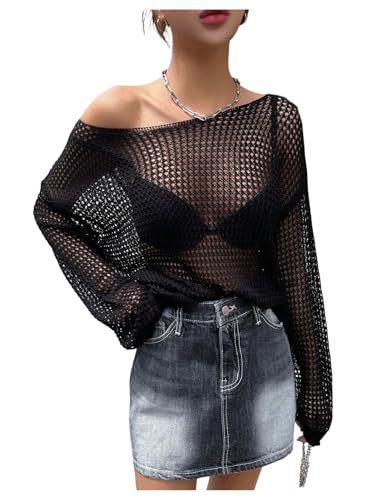 SweatyRocks Women's Oversized Long Sleeve Sheer Knit Sweater Tops Y2K Hollow Out Pullover Coverups