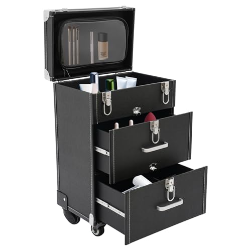 Image of Makeup Train Case, Professional Cosmetics Rolling Organizer, Rolling Makeup Trolley Case, Nail Polish Organizer, Jewelry Travel Cosmetic Train Case with 4 Wheels & 2 Keys (Black)