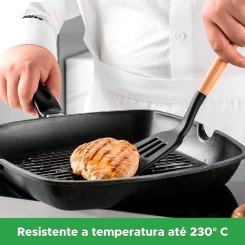 Kit 12 Utensílios De Cozinha Em Silicone Antiaderentes Com Cabo De Madeira Com Suporte Colher Espátu