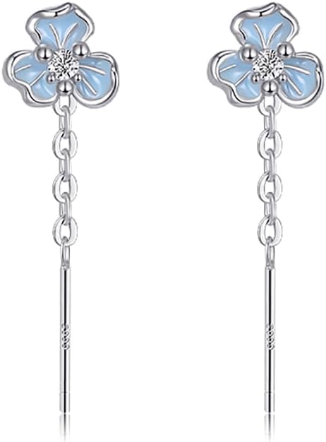 925 Sterling Silver CZ Flower Dangle Chain Earrings Drops for Women Teens Blue Flower Dangle Earrings Tassel Threader Hypoallergenic