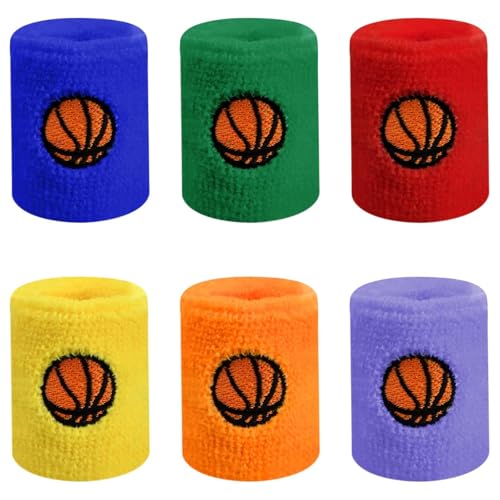 6 Piezas de Pulseras Deportivas Elásticas para Niños, Banda para Sudor de Algodón, Muñequeras de Colores para Niños, Adecuado para Fitness, Diversos Deportes de Pelota (6 Colores)