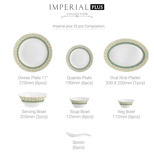 Image of CELLO Morris Imperial Plus Series Opalware Dinner Set of 33 Pieces For Family of 6 | Bone-Ash Free & Leadfree Opal Glass Microwave & Dishwasher Safe Crockery Plates & Bowls Set For Daily Use & Gifting