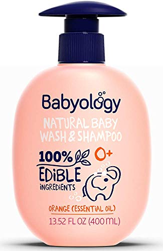Babyology All Natural Baby Wash and Shampoo - 100% Edible Ingredients - with Organic Orange Essential Oil (Fragrance Free) – 13,52 FL OZ - Good for Sensitive Skin - Non Toxic - Tear Free