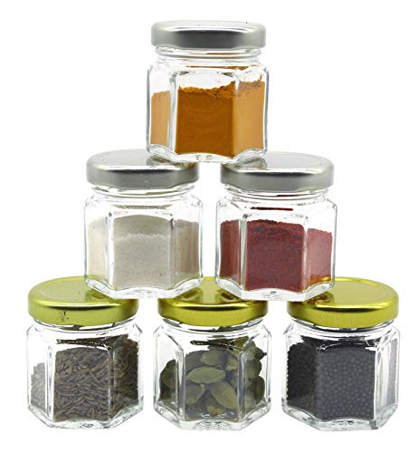 Image of Cute Hexagonal 50 grams Airtight Glass Jar Containers for Honey, Spices & other Kitchen Items with Rust Proof Gold & Silver Color Caps -Set of 06