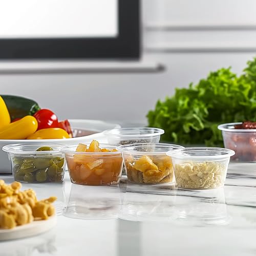 Image of TashiBox 100 Sets 3.25 oz Plastic Disposable Portion Cups with Lids, Souffle Cups, Jello Cups, Snack Cups
