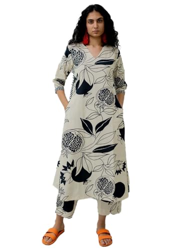 Image of LookMark Women's Floral Printed Cotton Blend 3 /4th Sleeve Knee Length V-Neck Kurta and Palazzo Set for Women AZ-LM-OG-KS2144-Parent