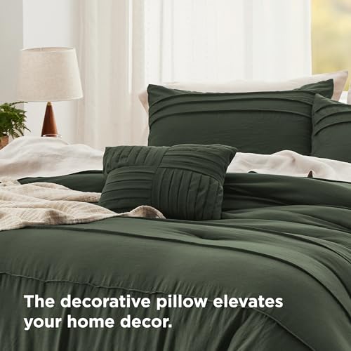 Image of Bedsure Twin Comforter Set - 3 Pieces Pinch Pleat Bed Set, Olive Green Boho Bedding for All Season, 1 Soft Comforter, 1 Pillowcase, 1 Decorative Pillow