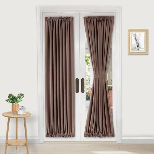 DWCN French Door Curtains – Rod Pocket Thermal Blackout Curtain for Doors with Glass Window, Kitchen and Patio Doors for Privacy, 30 X 72 Inches Long, 1 Curtain Panel with Tieback, Khaki