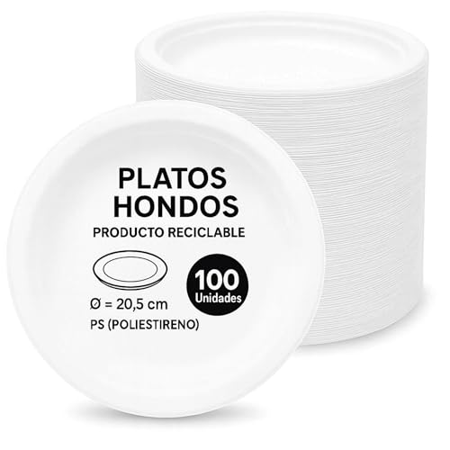 Platos de plástico blancos reutilizables, Plato de plástico hondo redondo, apto para alimentos calientes, Platos extra resistentes, Norma UNE-EN-12875-1, Diseño hondo diámetro 20.5 cm, 100 unidades