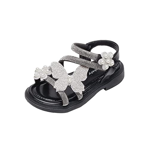 Toddler Girls Rhinestone Butterfly Sandals Open Toe Pearl Flower Princess Shoes Little Kid Big Kid Dress Shoes (Black, 13.5 Little Child)