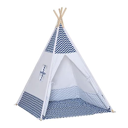 HOMCOM Tienda de Campaña para Niños de +3 Años Tipi Infantil de Madera Portátil con Ventana Colchoneta y Bolsa de Transporte para Interiores y Exteriores 120x120x155 cm Azul
