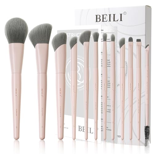 BEILI Juego De Brochas De Maquillaje Rosa y 12 Brochas Veganas Para Base De Polvo, Corrector, Cejas, Sombra De Ojos, Contorno, Delineador De Ojos, Difuminador