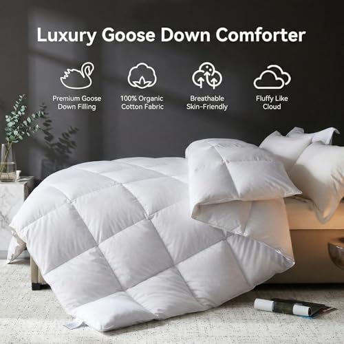 Image of L LOVSOUL Goose Feather Down Fiber Comforter Cali King Size, 100% Organic Cotton Fabric Duvet Insert,1200TC,750+Fill Power, Hotel Collection, Light Weight White with 8 Tabs,104X96IN
