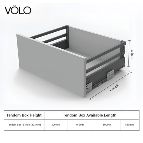 Image of VOLO Soft Close Tandem Drawer Slide System for Modular Kitchen - Double Gallery Metal Side Panels, Innotech Type, 50Kg Load Capacity | 1 Set | Grey, 8 Inch X 550MM /22 inch