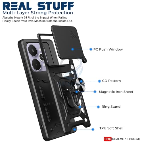 Image of AESTMO Tough Armor Realme 15 Pro 5G Bumper Back Case Cover | Ring Holder & Sliding Camera Shield Cover | 360 Degree Protection Back Case Cover for Realme 15 Pro 5G (Black)