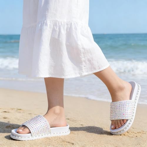 Image of Fur Story Womens Slides House Slippers Rhinestone Glitter Slides Cute bling Flat for Women Platform Sandals Cozy Bedroom Slippers Shower Shoes
